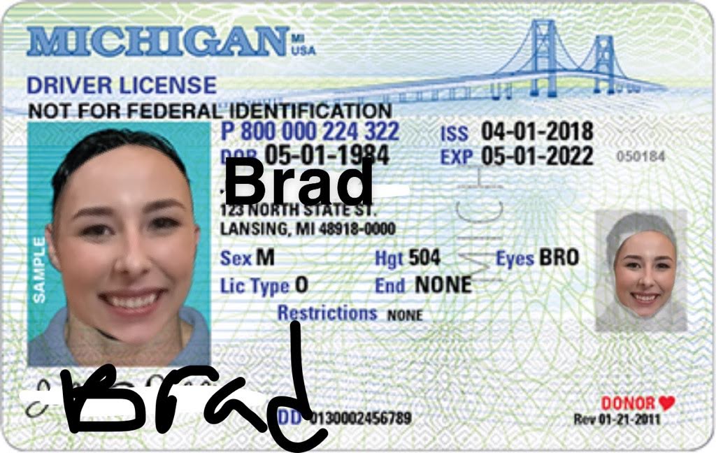 Poorly-edited photo of a fake ID with Shelby's face on a license for Brad